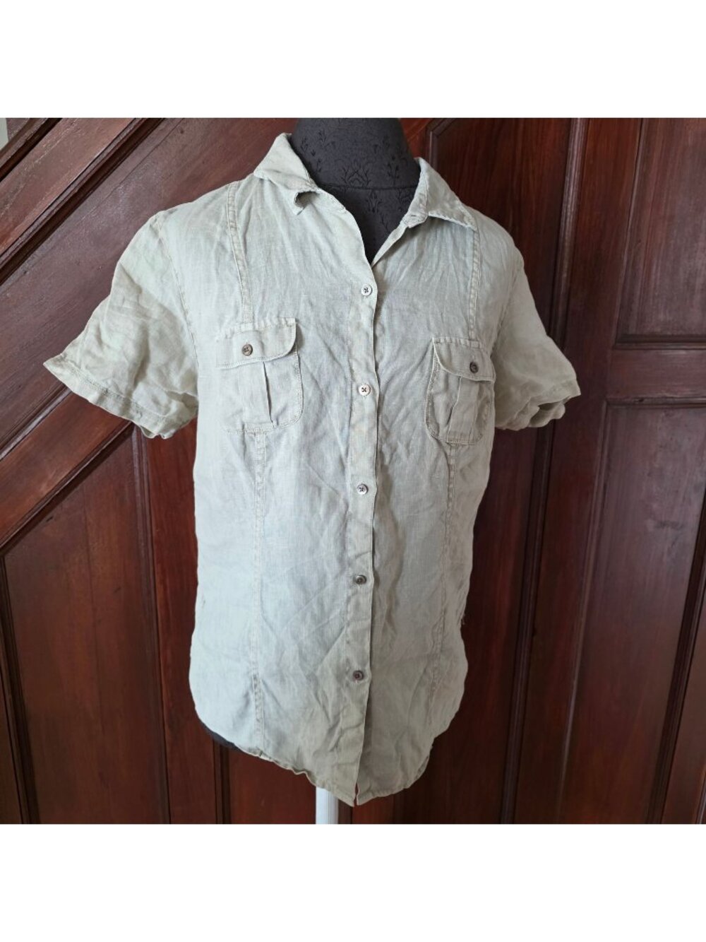 Tommy Bahama Womens Beige Linen Short-Sleeve Button-Up Shirt With Two Front Pock